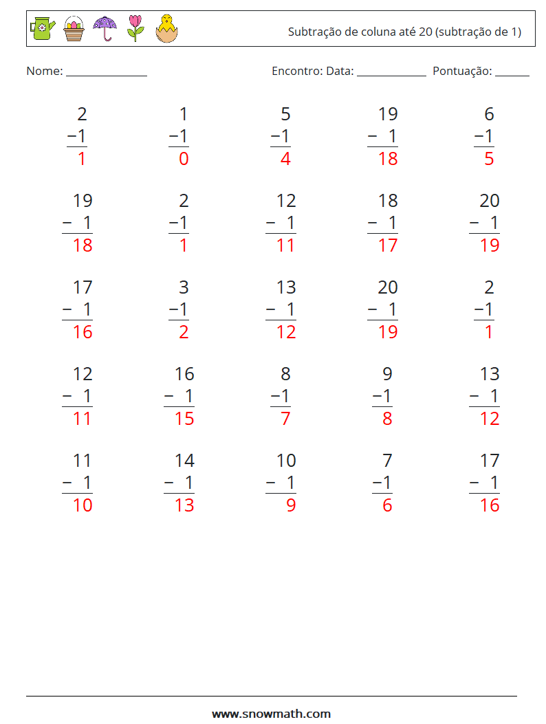 (25) Subtração de coluna até 20 (subtração de 1) planilhas matemáticas 15 Pergunta, Resposta