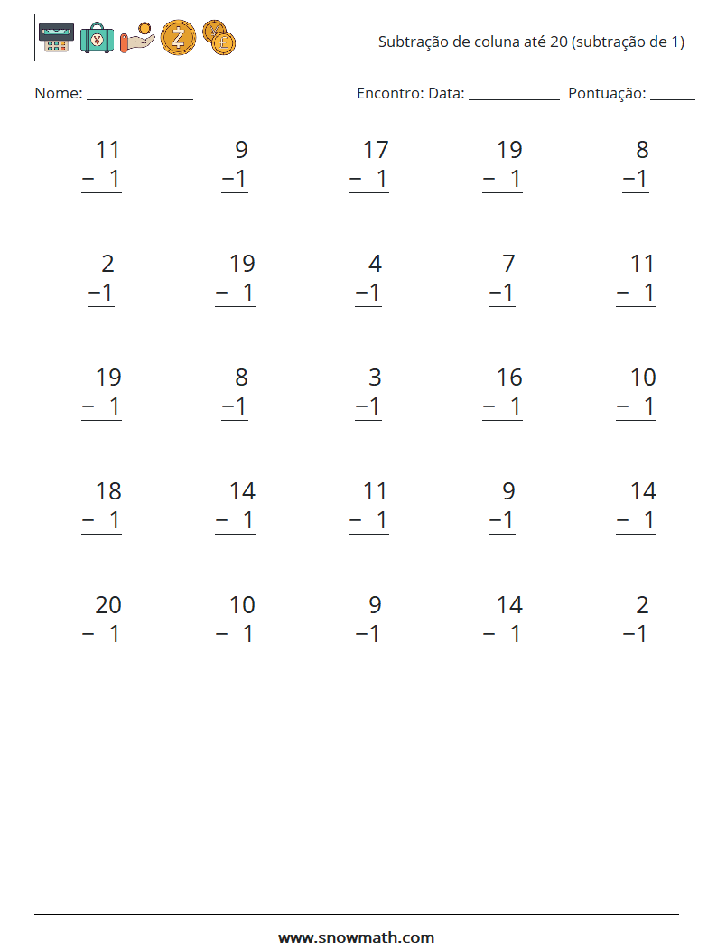 (25) Subtração de coluna até 20 (subtração de 1) planilhas matemáticas 16