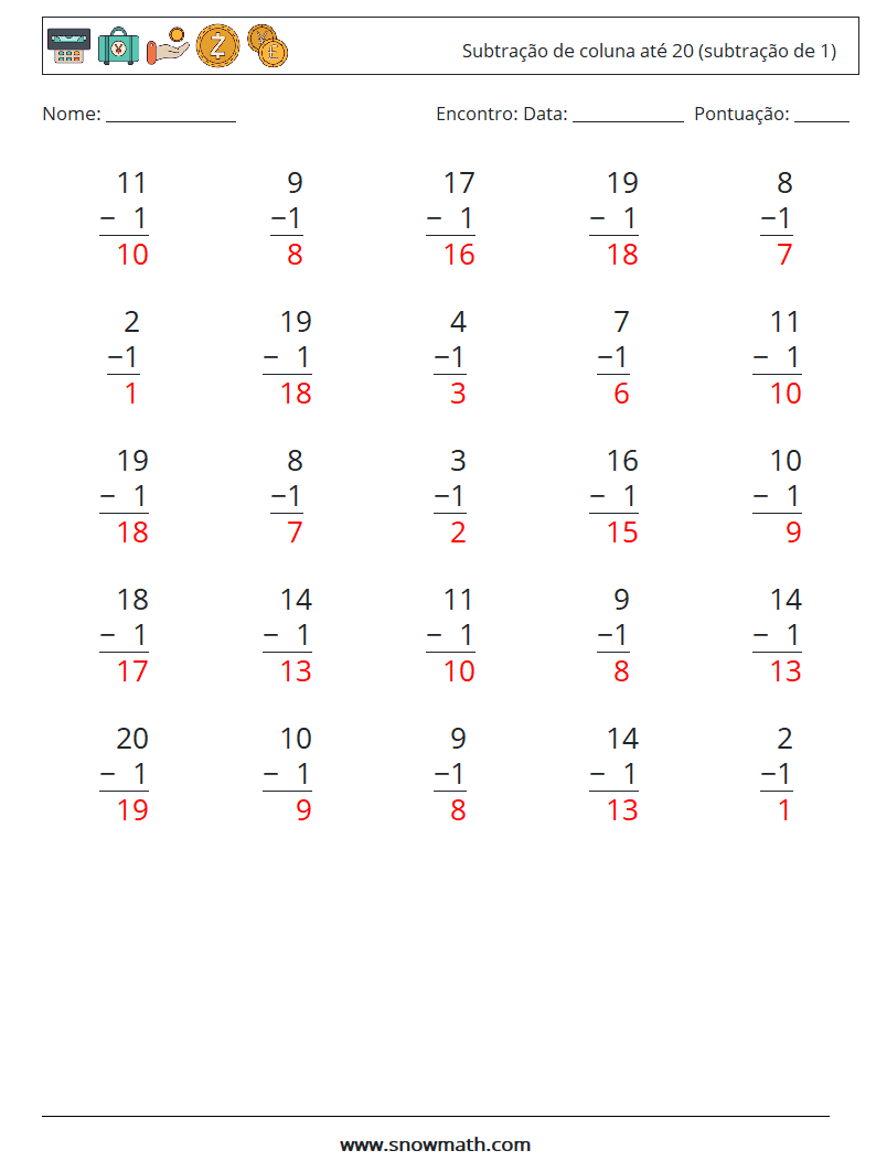 (25) Subtração de coluna até 20 (subtração de 1) planilhas matemáticas 16 Pergunta, Resposta