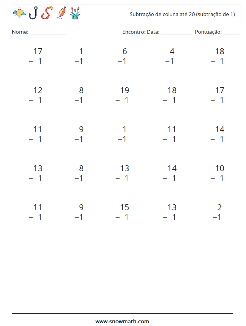 (25) Subtração de coluna até 20 (subtração de 1) planilhas matemáticas 17