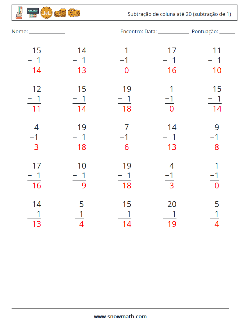 (25) Subtração de coluna até 20 (subtração de 1) planilhas matemáticas 18 Pergunta, Resposta