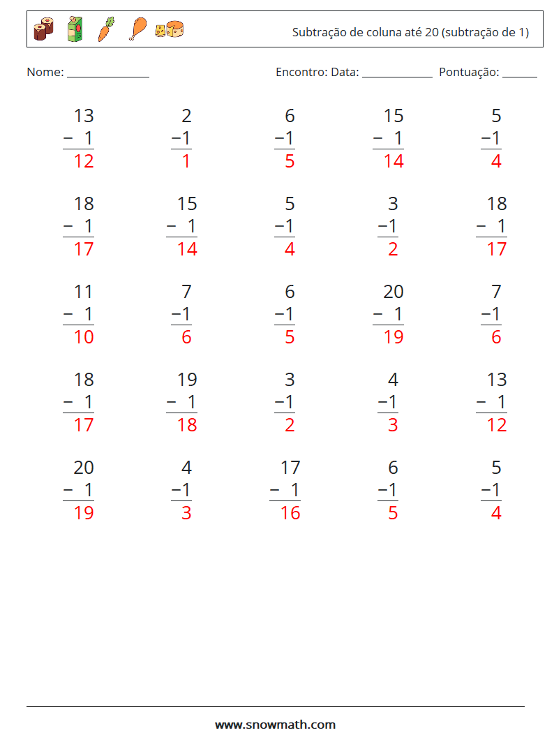 (25) Subtração de coluna até 20 (subtração de 1) planilhas matemáticas 1 Pergunta, Resposta