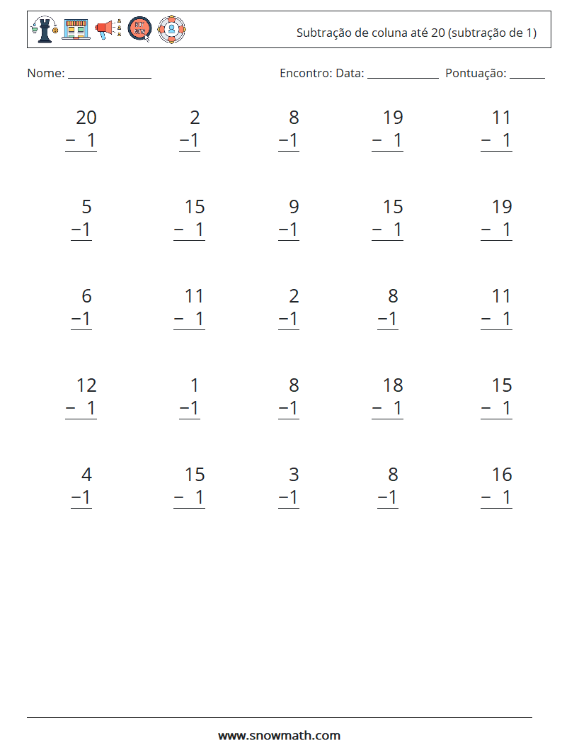 (25) Subtração de coluna até 20 (subtração de 1) planilhas matemáticas 2