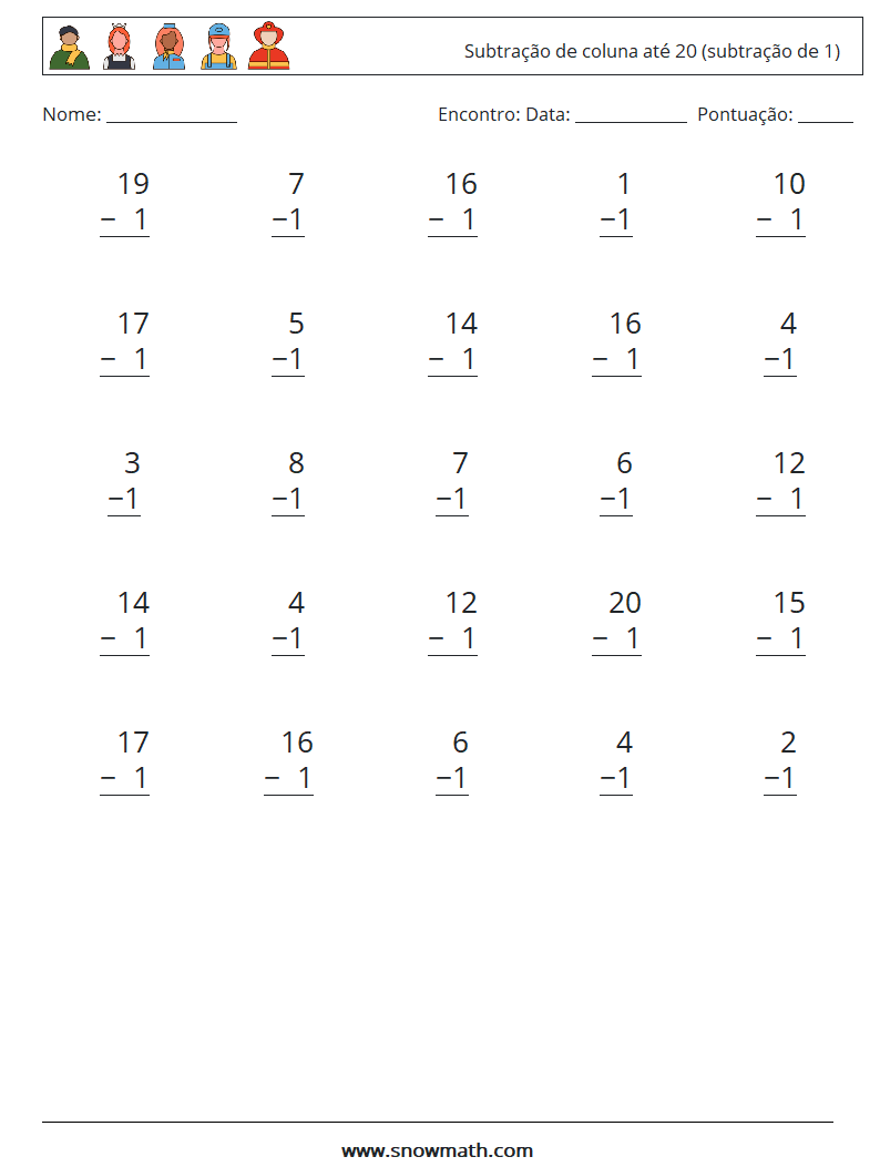 (25) Subtração de coluna até 20 (subtração de 1) planilhas matemáticas 4