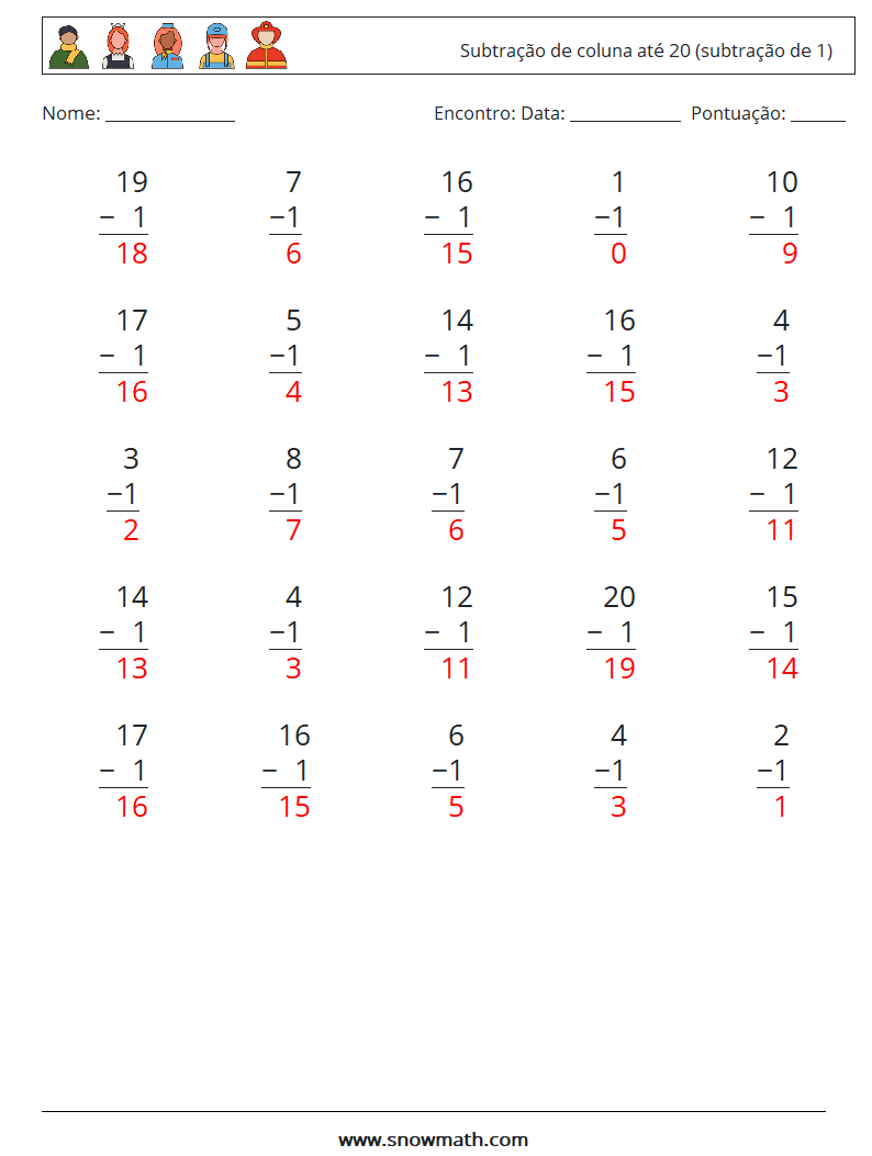 (25) Subtração de coluna até 20 (subtração de 1) planilhas matemáticas 4 Pergunta, Resposta