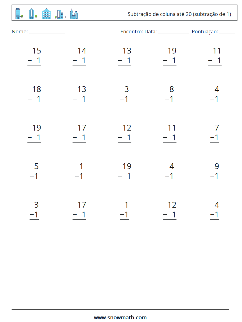 (25) Subtração de coluna até 20 (subtração de 1) planilhas matemáticas 5