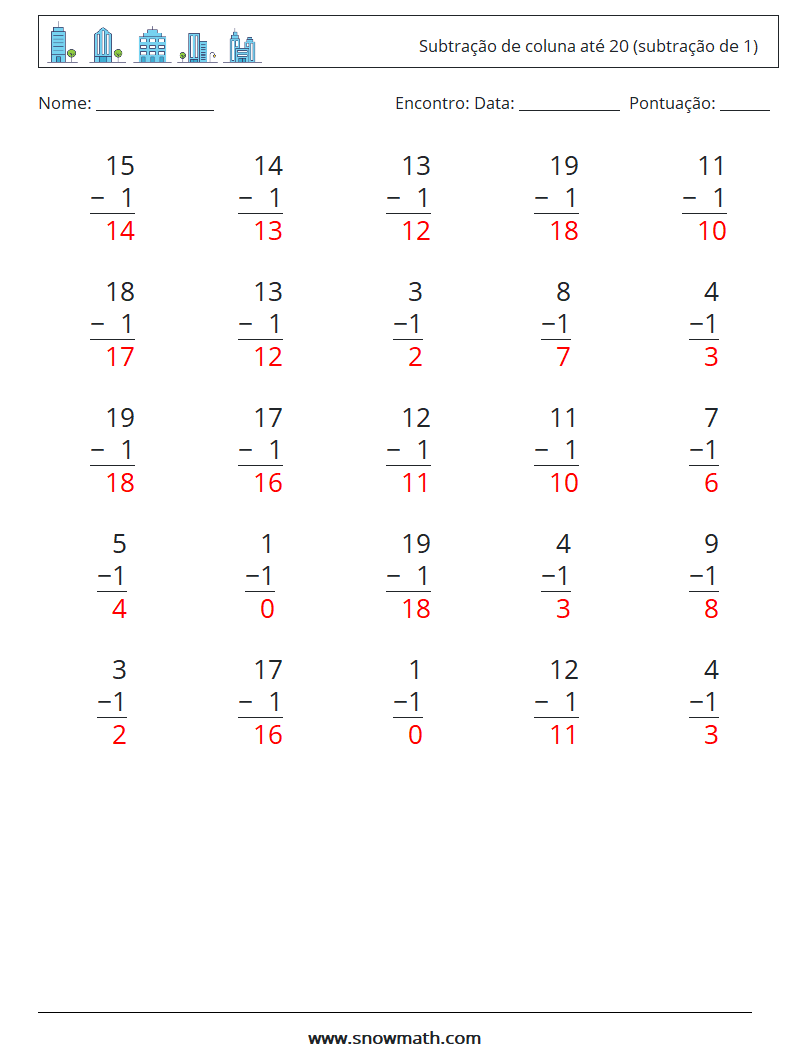 (25) Subtração de coluna até 20 (subtração de 1) planilhas matemáticas 5 Pergunta, Resposta