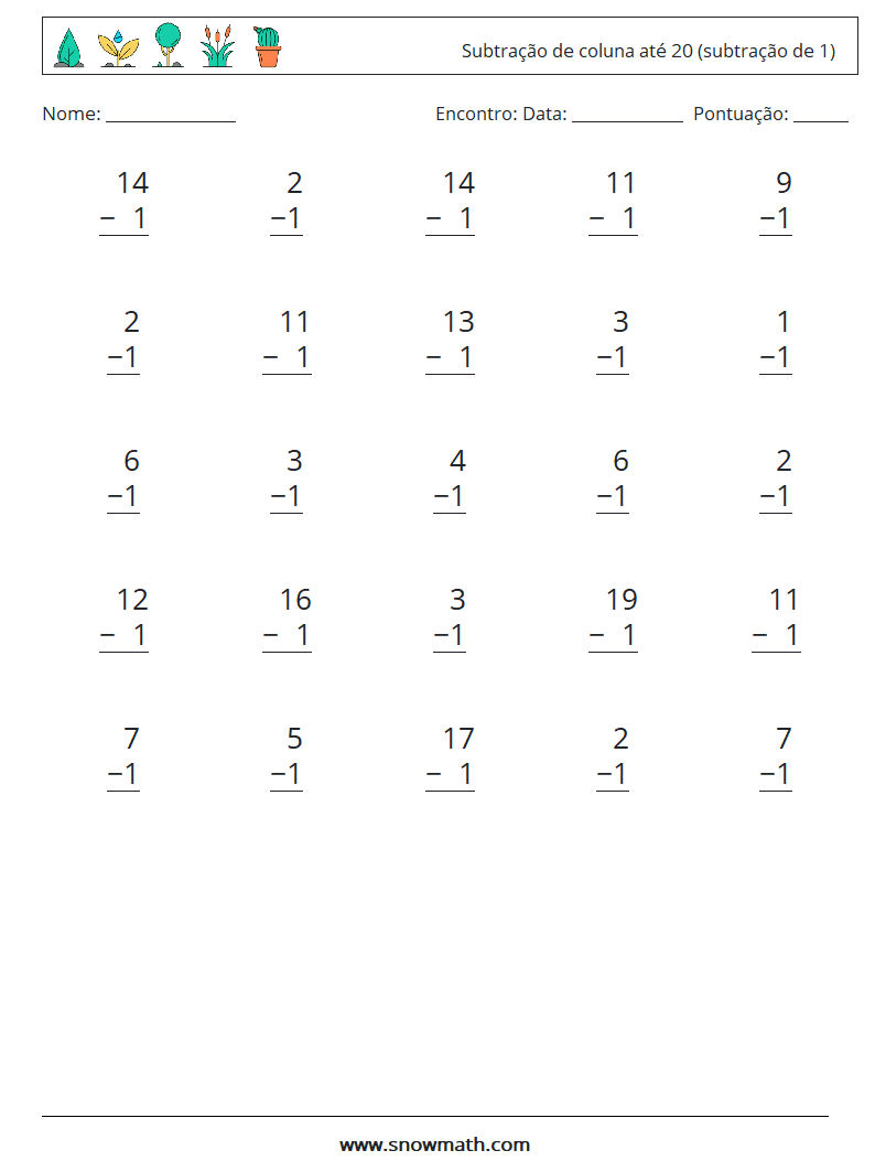 (25) Subtração de coluna até 20 (subtração de 1) planilhas matemáticas 6