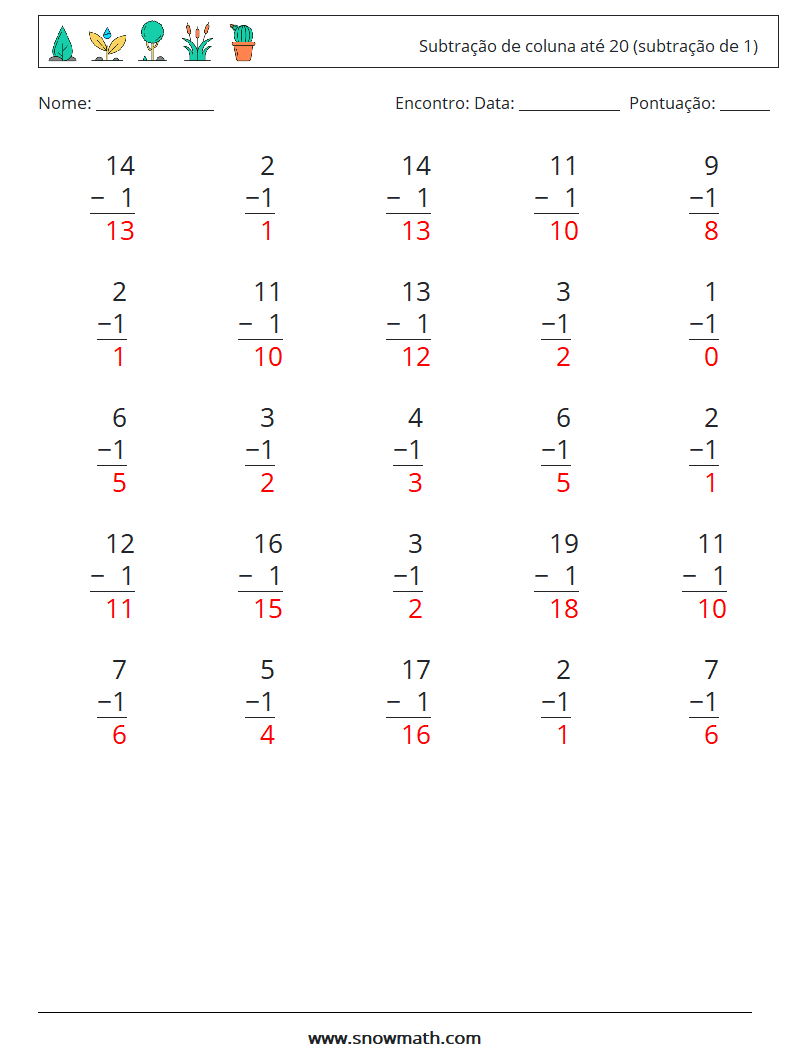 (25) Subtração de coluna até 20 (subtração de 1) planilhas matemáticas 6 Pergunta, Resposta