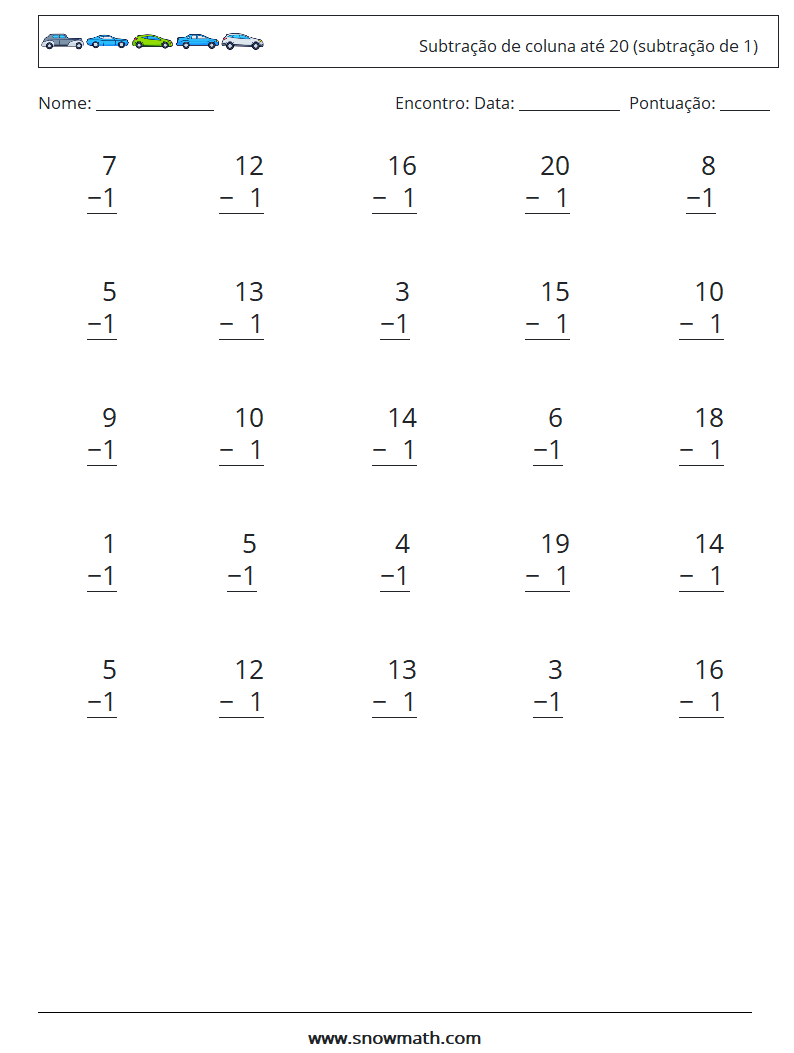 (25) Subtração de coluna até 20 (subtração de 1) planilhas matemáticas 7