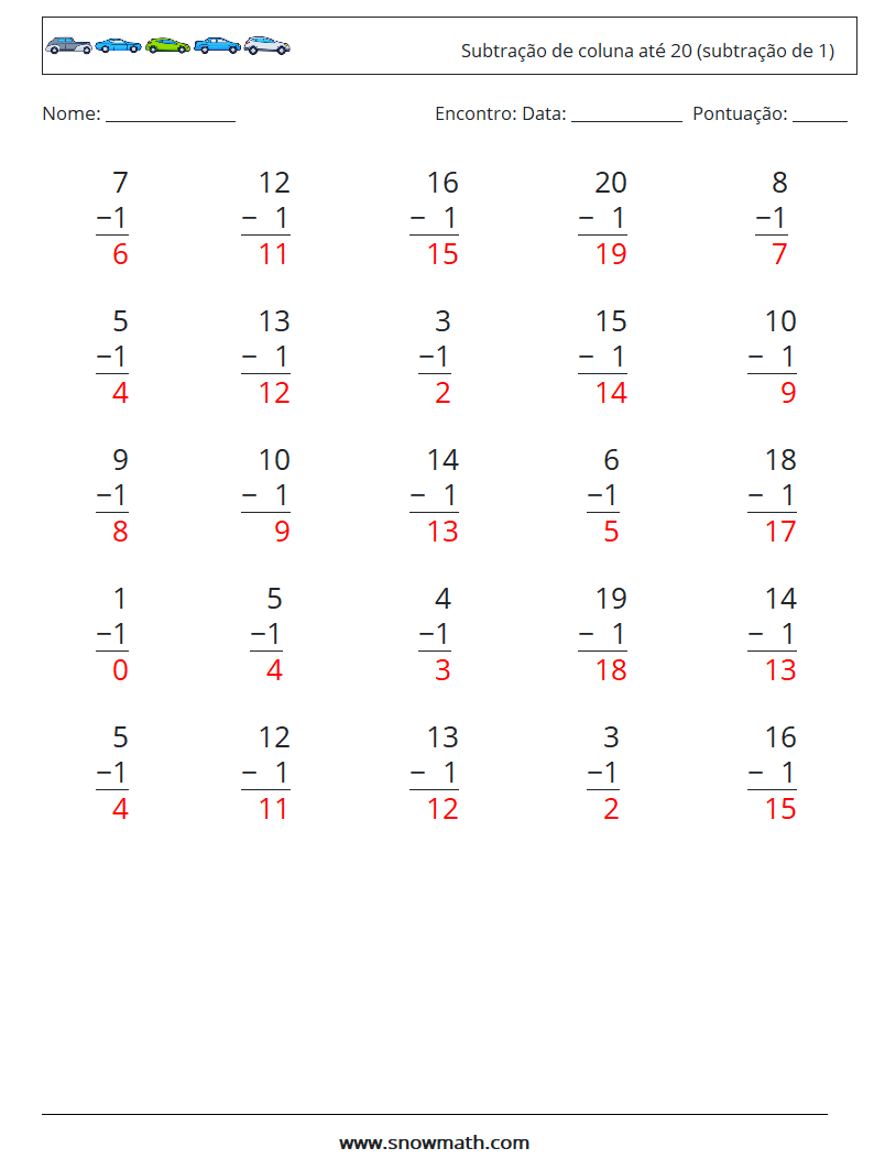 (25) Subtração de coluna até 20 (subtração de 1) planilhas matemáticas 7 Pergunta, Resposta