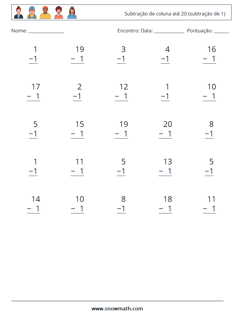 (25) Subtração de coluna até 20 (subtração de 1) planilhas matemáticas 8