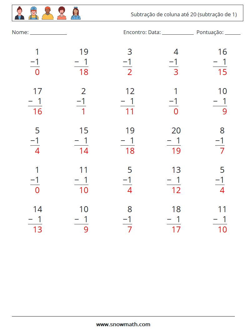 (25) Subtração de coluna até 20 (subtração de 1) planilhas matemáticas 8 Pergunta, Resposta