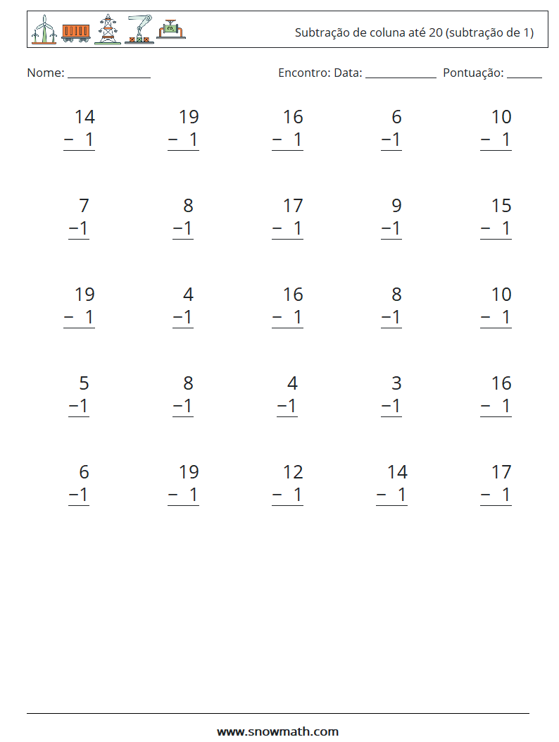 (25) Subtração de coluna até 20 (subtração de 1) planilhas matemáticas 9