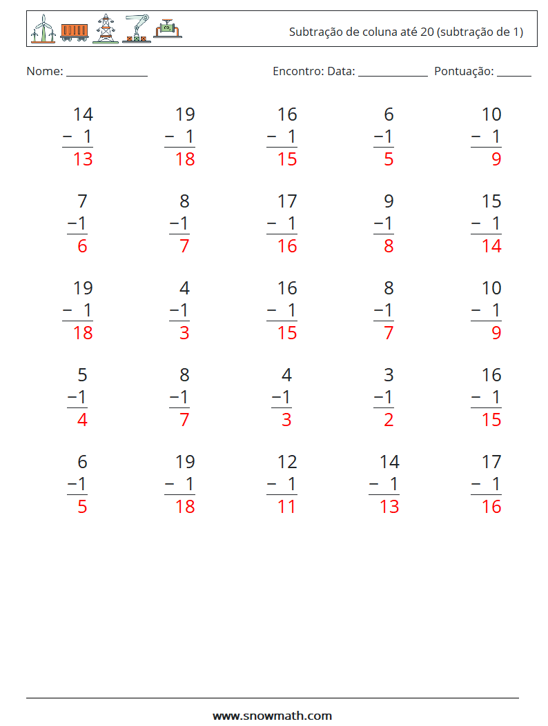 (25) Subtração de coluna até 20 (subtração de 1) planilhas matemáticas 9 Pergunta, Resposta