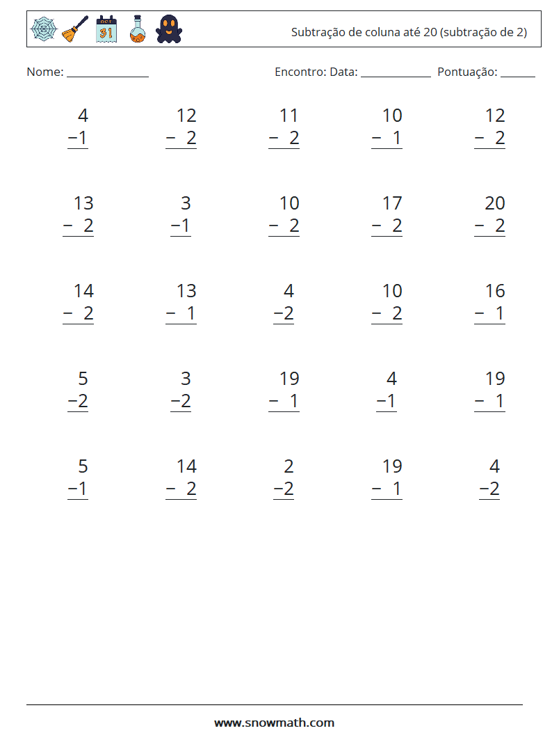 (25) Subtração de coluna até 20 (subtração de 2) planilhas matemáticas 1