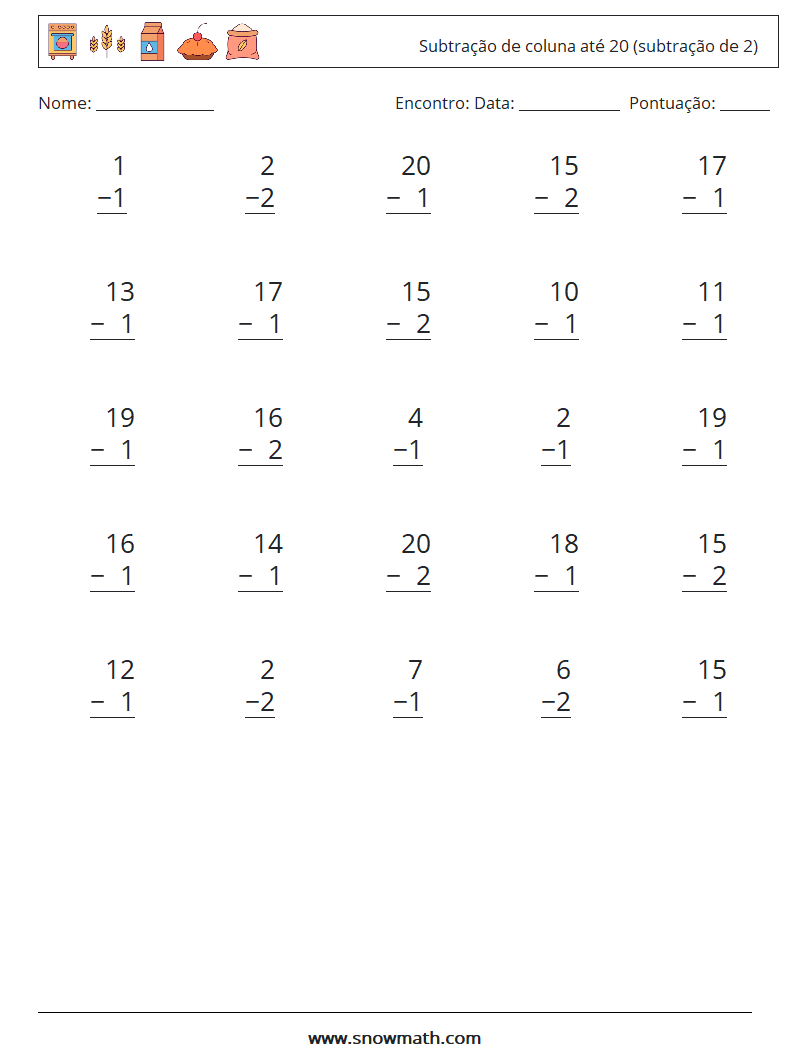 (25) Subtração de coluna até 20 (subtração de 2) planilhas matemáticas 10