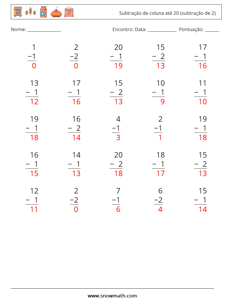 (25) Subtração de coluna até 20 (subtração de 2) planilhas matemáticas 10 Pergunta, Resposta