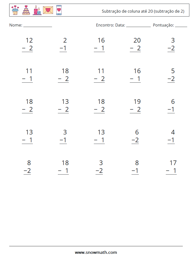 (25) Subtração de coluna até 20 (subtração de 2) planilhas matemáticas 11