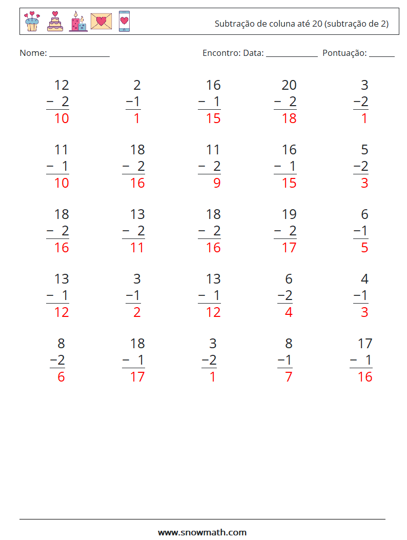 (25) Subtração de coluna até 20 (subtração de 2) planilhas matemáticas 11 Pergunta, Resposta