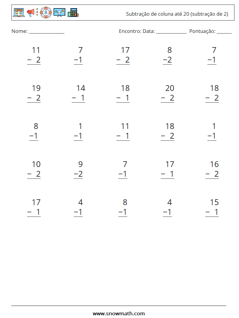 (25) Subtração de coluna até 20 (subtração de 2) planilhas matemáticas 12