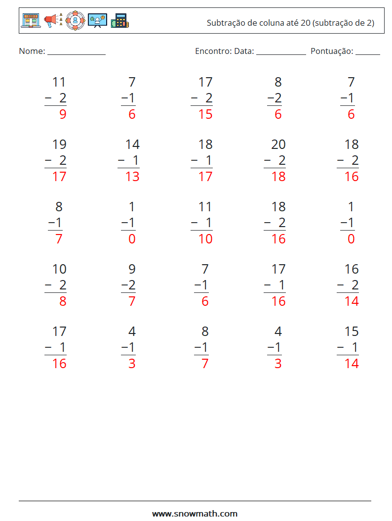 (25) Subtração de coluna até 20 (subtração de 2) planilhas matemáticas 12 Pergunta, Resposta