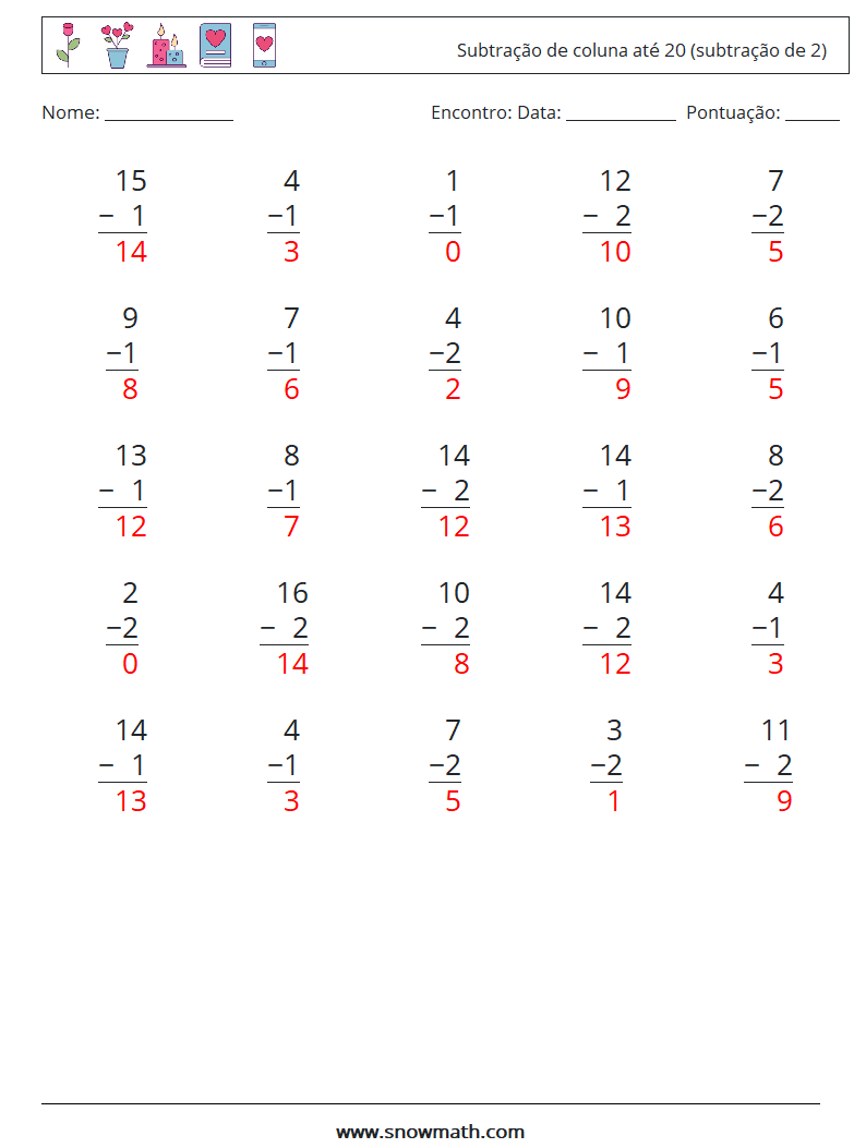 (25) Subtração de coluna até 20 (subtração de 2) planilhas matemáticas 13 Pergunta, Resposta