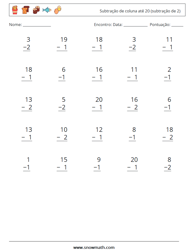 (25) Subtração de coluna até 20 (subtração de 2) planilhas matemáticas 14