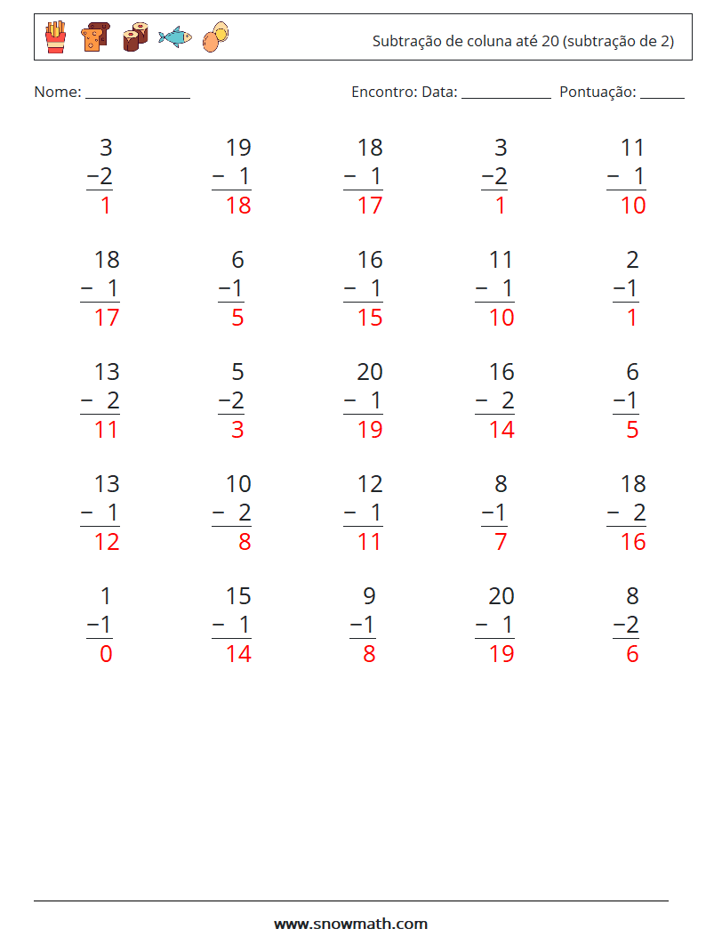 (25) Subtração de coluna até 20 (subtração de 2) planilhas matemáticas 14 Pergunta, Resposta