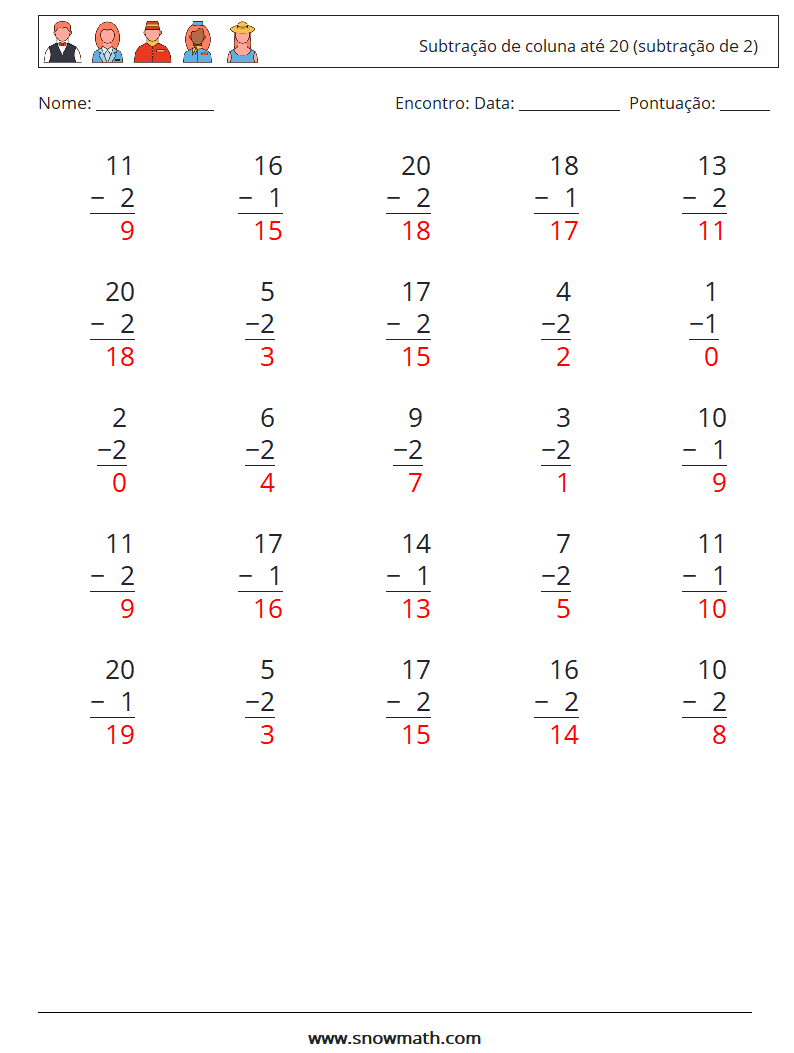 (25) Subtração de coluna até 20 (subtração de 2) planilhas matemáticas 15 Pergunta, Resposta