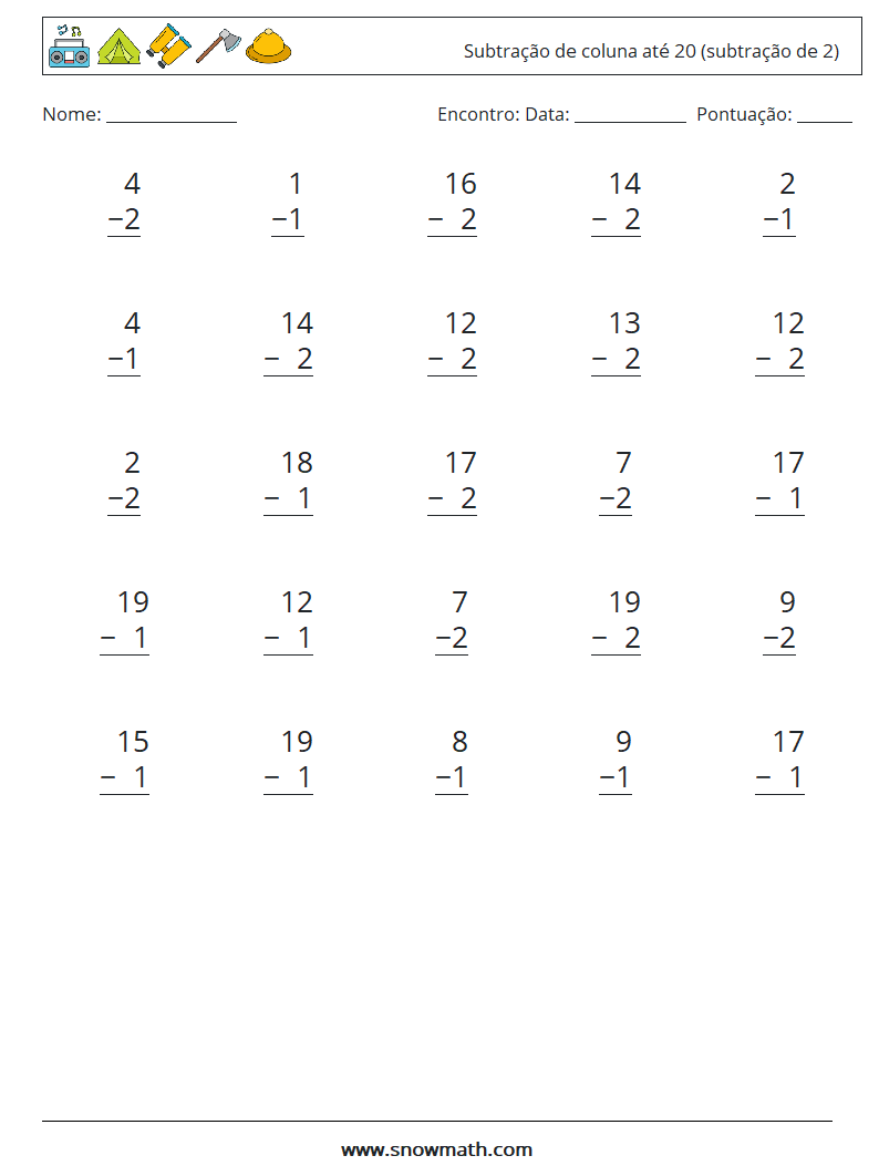 (25) Subtração de coluna até 20 (subtração de 2) planilhas matemáticas 16