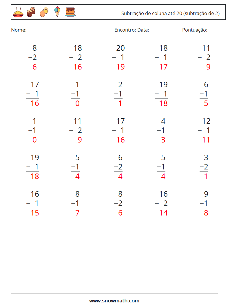 (25) Subtração de coluna até 20 (subtração de 2) planilhas matemáticas 17 Pergunta, Resposta