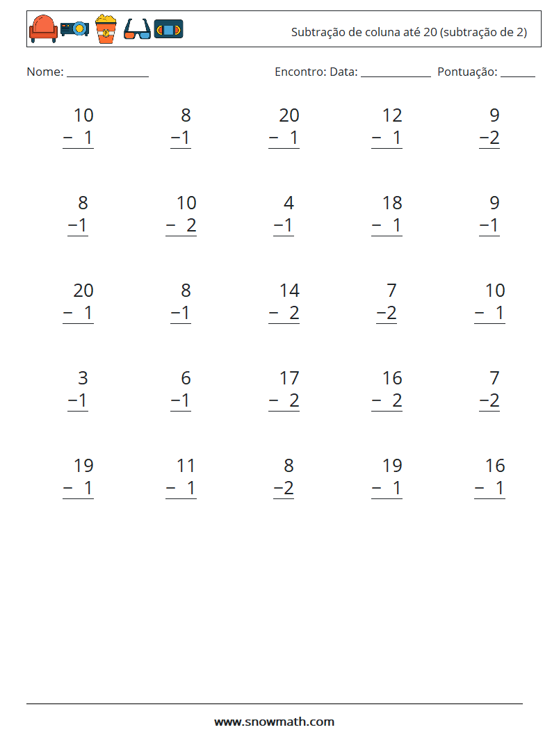 (25) Subtração de coluna até 20 (subtração de 2) planilhas matemáticas 18