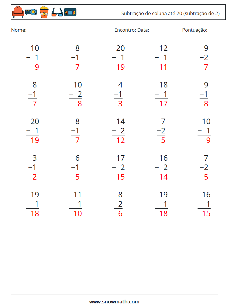 (25) Subtração de coluna até 20 (subtração de 2) planilhas matemáticas 18 Pergunta, Resposta