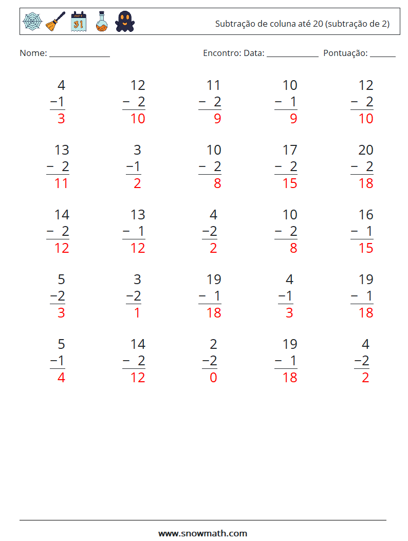 (25) Subtração de coluna até 20 (subtração de 2) planilhas matemáticas 1 Pergunta, Resposta