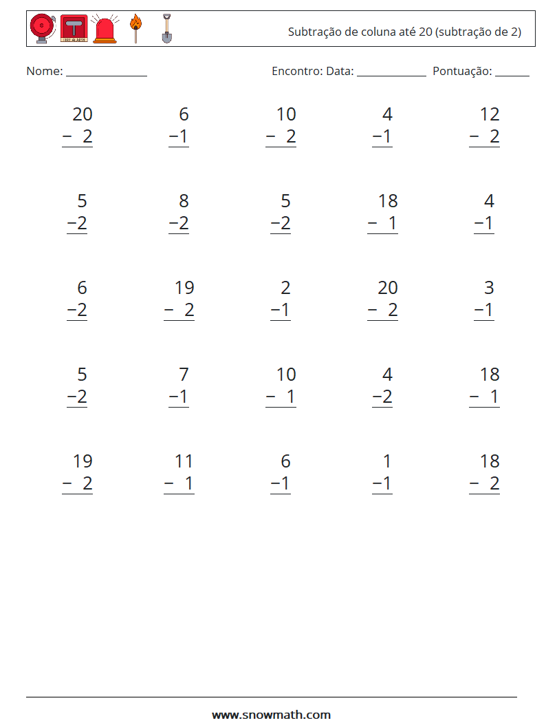 (25) Subtração de coluna até 20 (subtração de 2) planilhas matemáticas 2