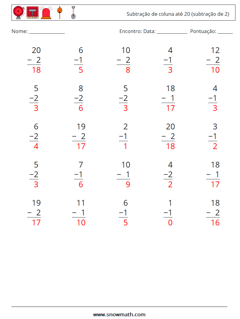 (25) Subtração de coluna até 20 (subtração de 2) planilhas matemáticas 2 Pergunta, Resposta