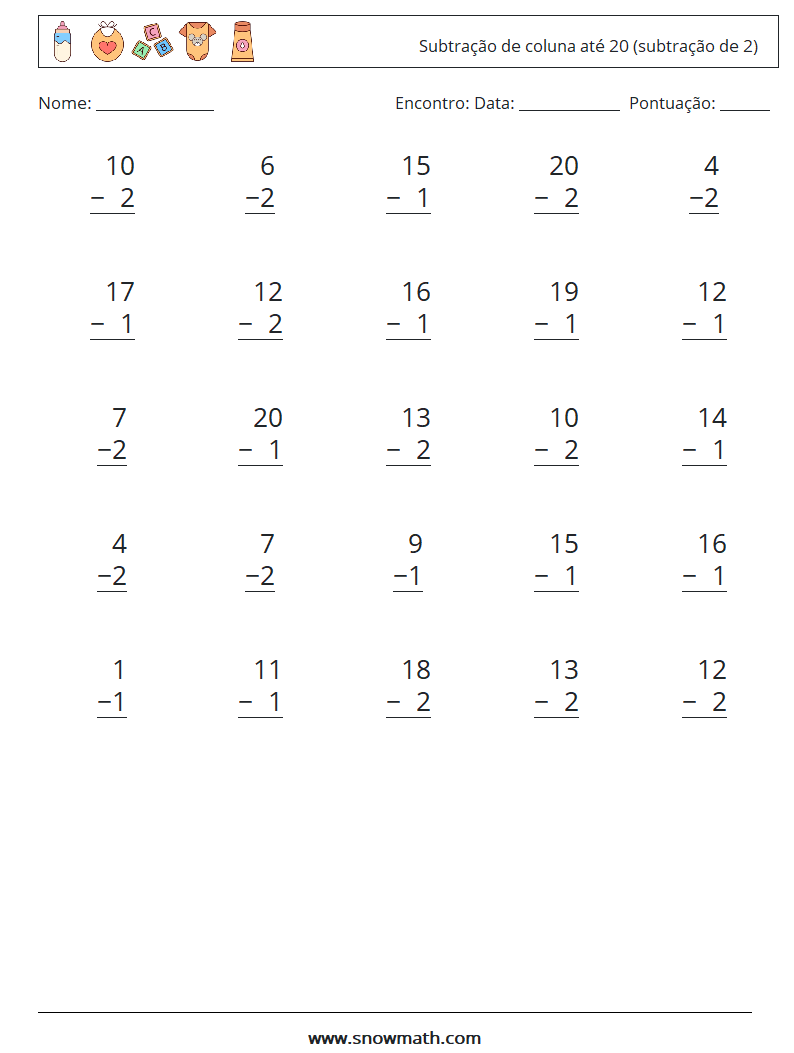 (25) Subtração de coluna até 20 (subtração de 2) planilhas matemáticas 3