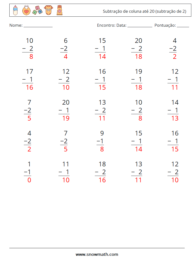 (25) Subtração de coluna até 20 (subtração de 2) planilhas matemáticas 3 Pergunta, Resposta