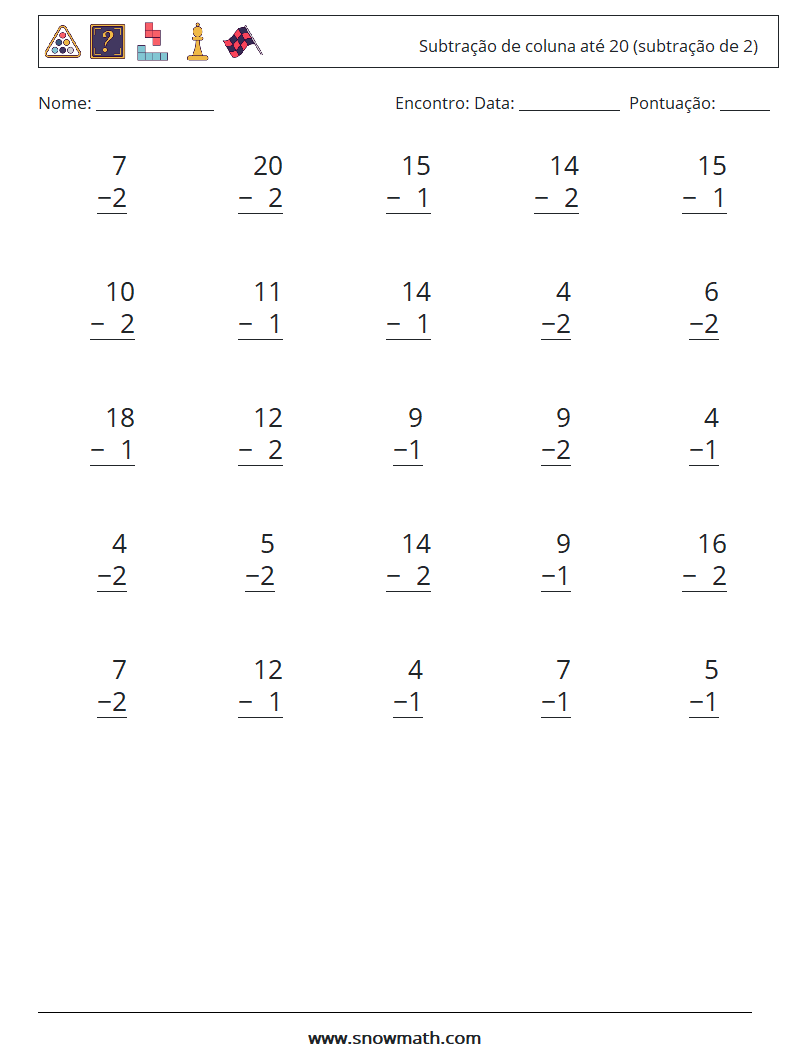 (25) Subtração de coluna até 20 (subtração de 2) planilhas matemáticas 4