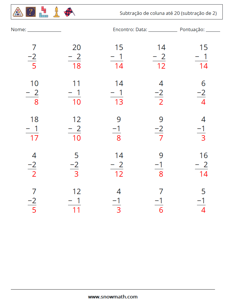 (25) Subtração de coluna até 20 (subtração de 2) planilhas matemáticas 4 Pergunta, Resposta