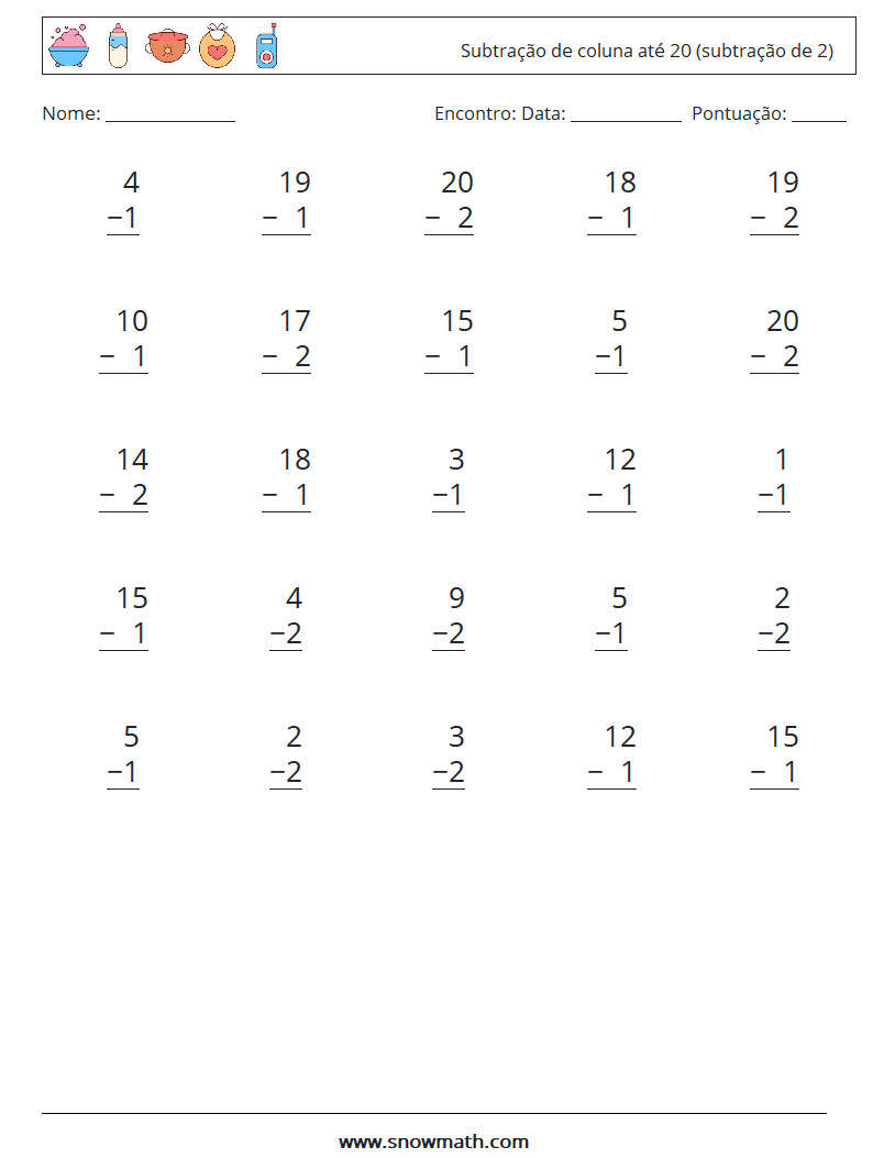 (25) Subtração de coluna até 20 (subtração de 2) planilhas matemáticas 5