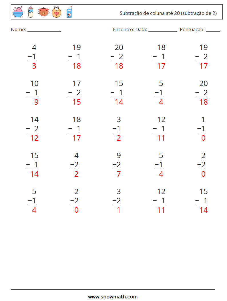 (25) Subtração de coluna até 20 (subtração de 2) planilhas matemáticas 5 Pergunta, Resposta