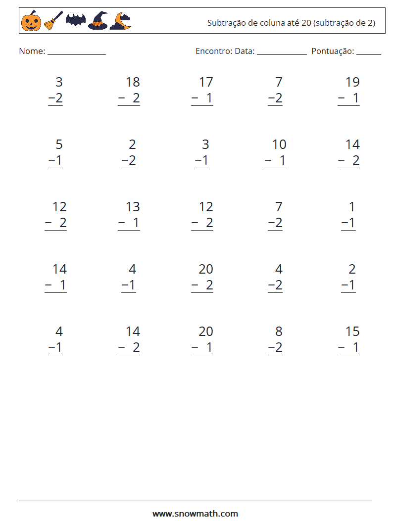 (25) Subtração de coluna até 20 (subtração de 2) planilhas matemáticas 6