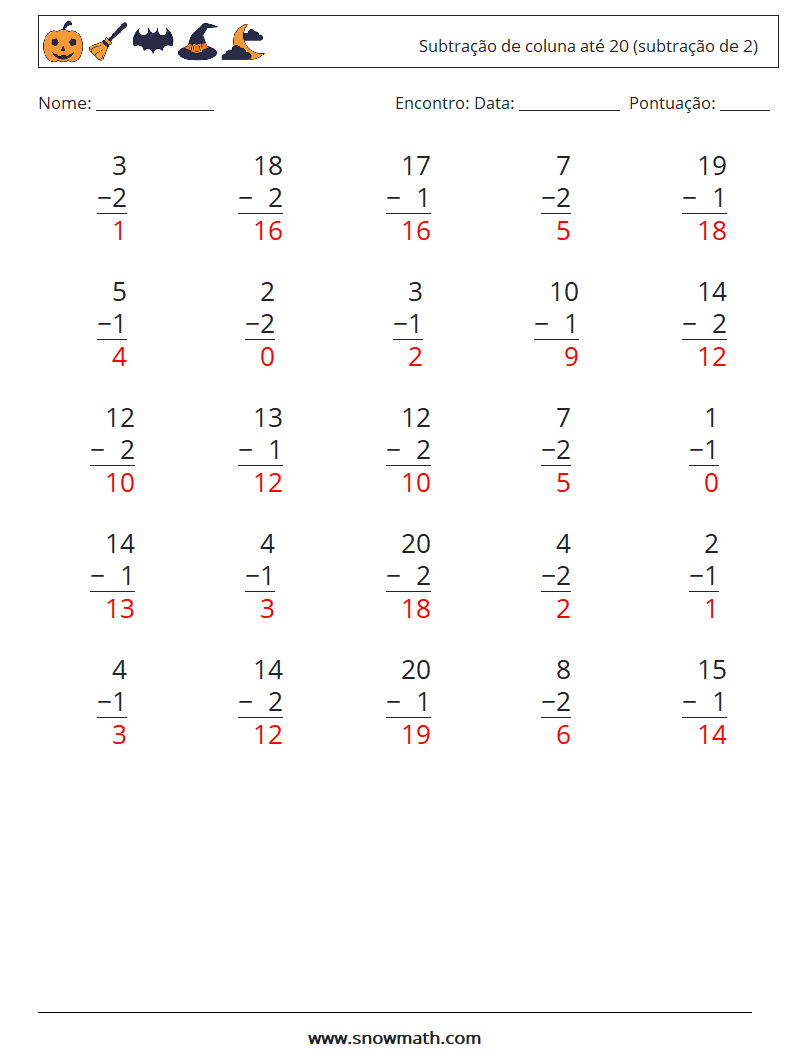 (25) Subtração de coluna até 20 (subtração de 2) planilhas matemáticas 6 Pergunta, Resposta