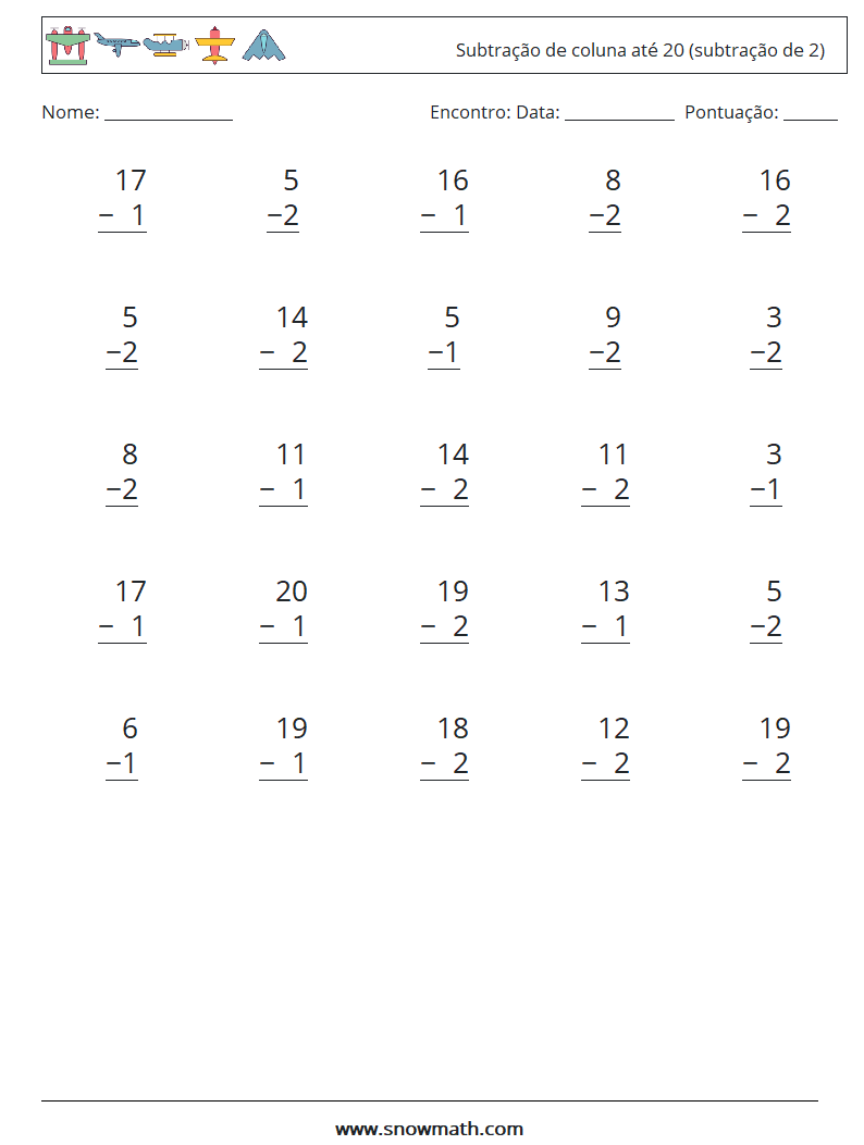 (25) Subtração de coluna até 20 (subtração de 2) planilhas matemáticas 7