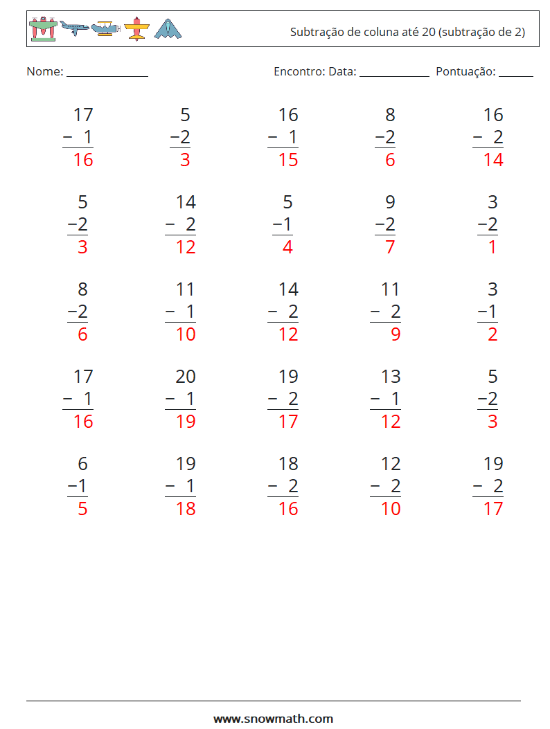 (25) Subtração de coluna até 20 (subtração de 2) planilhas matemáticas 7 Pergunta, Resposta