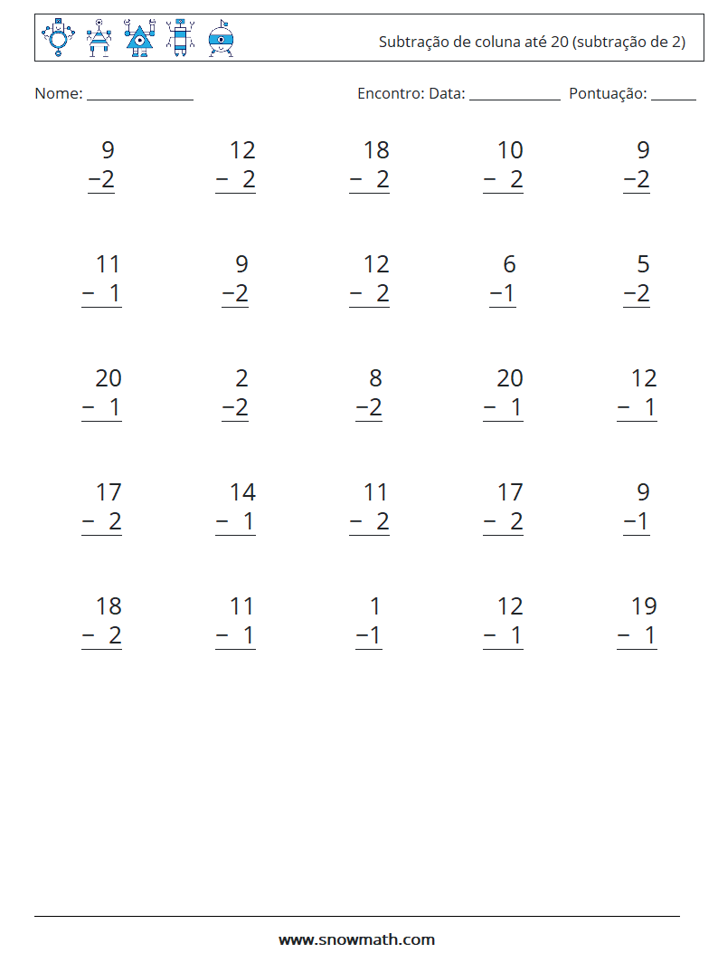 (25) Subtração de coluna até 20 (subtração de 2) planilhas matemáticas 8