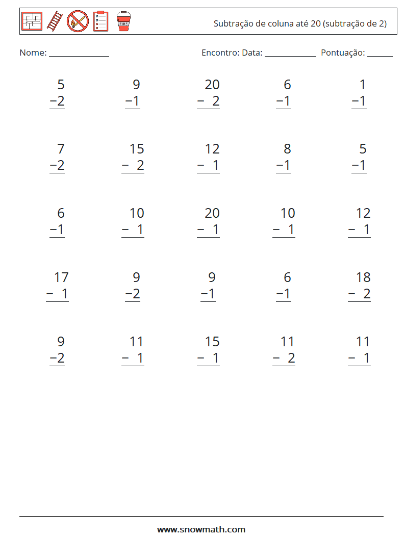 (25) Subtração de coluna até 20 (subtração de 2) planilhas matemáticas 9