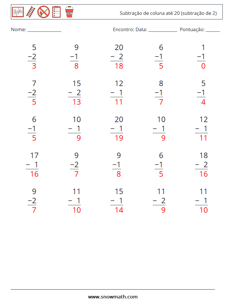 (25) Subtração de coluna até 20 (subtração de 2) planilhas matemáticas 9 Pergunta, Resposta